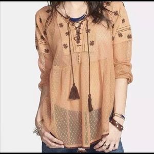 Free People Sheer Embroidered Boho Blouse X-Small